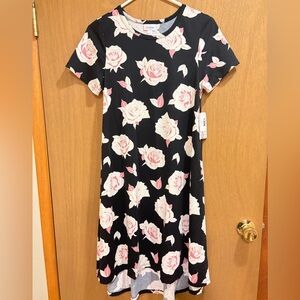 NWT LuLaRoe Carly Black and Pink Floral Roses Swing Dress Small